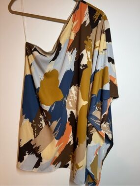 VICI Graphic Brushstroke Dress in Blue, Mustard & Brown